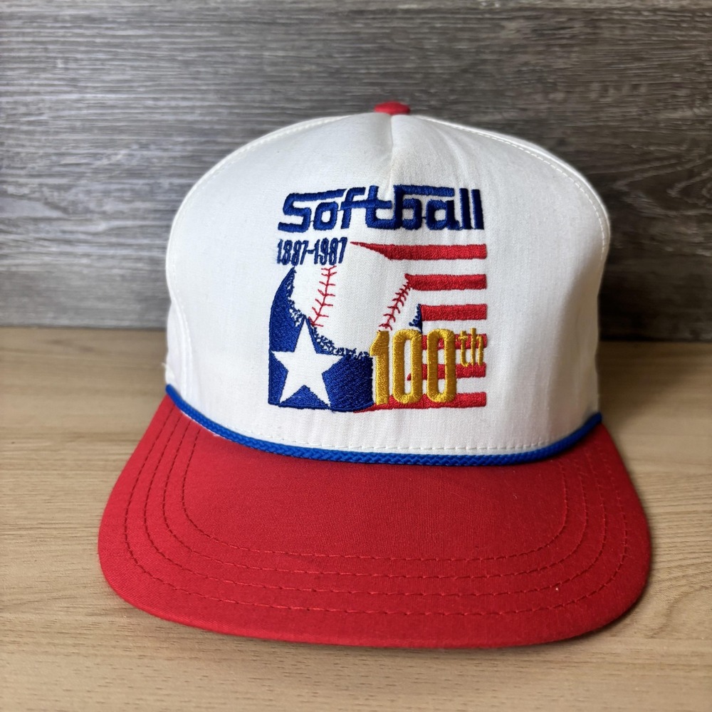 Vintage Softball Hat Cap Snap Back Mens Anniversary Red White Blue 1980s 90s